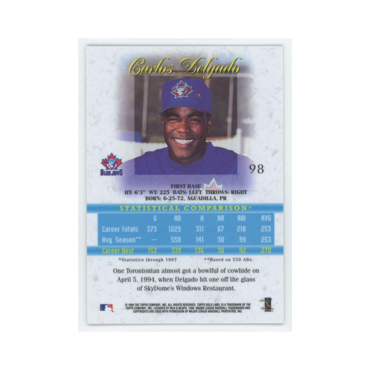 1998 Topps Gold Label Carlos Delgado Blue Jays #98