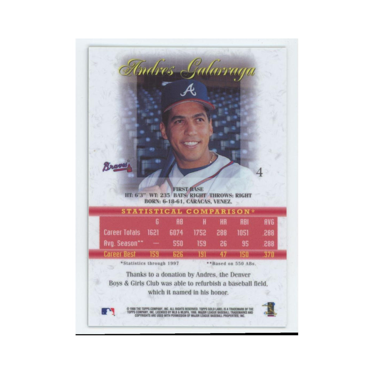 1998 Topps Gold Label Andres Galarraga Braves #4