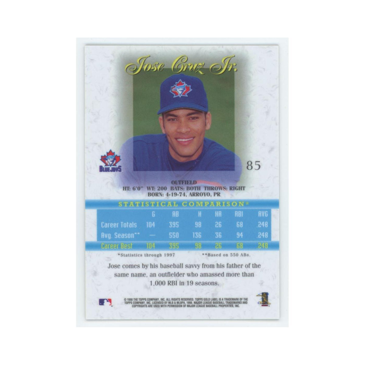 1998 Topps Gold Label Jose Cruz Jr Blue Jays #85