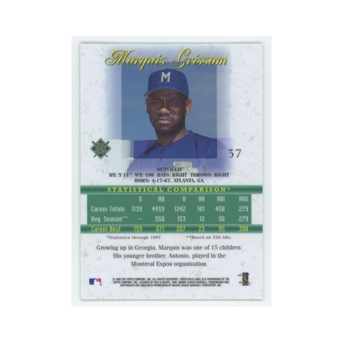 1998 Topps Gold Label Marquis Grissom Brewers #37