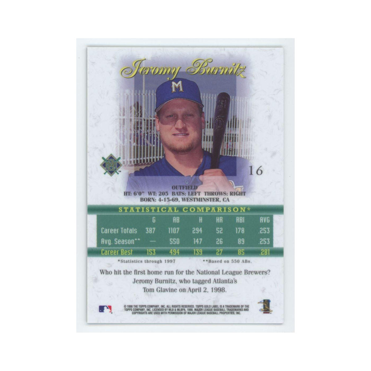 1998 Topps Gold Label Jeromy Burnitz Brewers #16