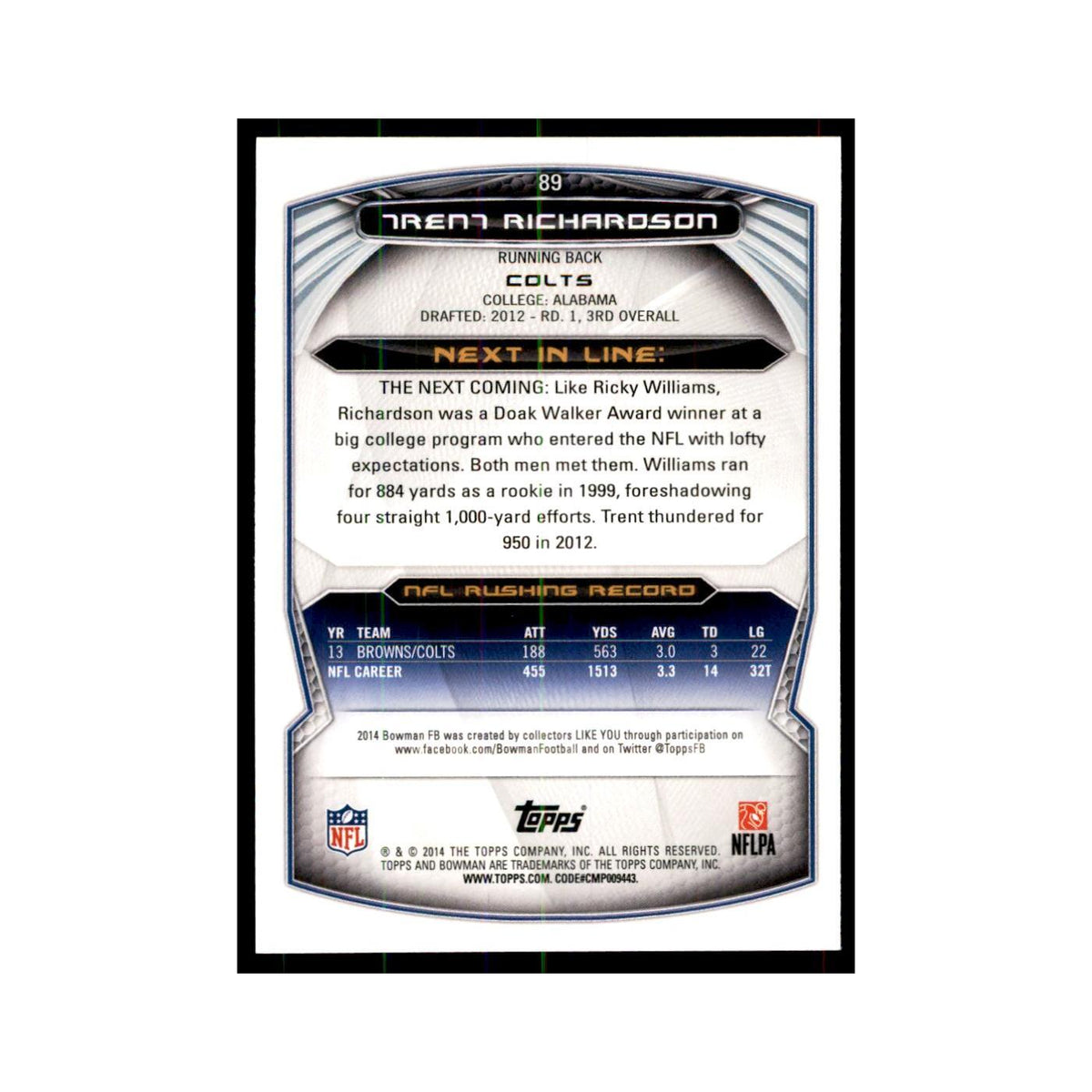2014 Bowman Trent Richardson Football Cards #89