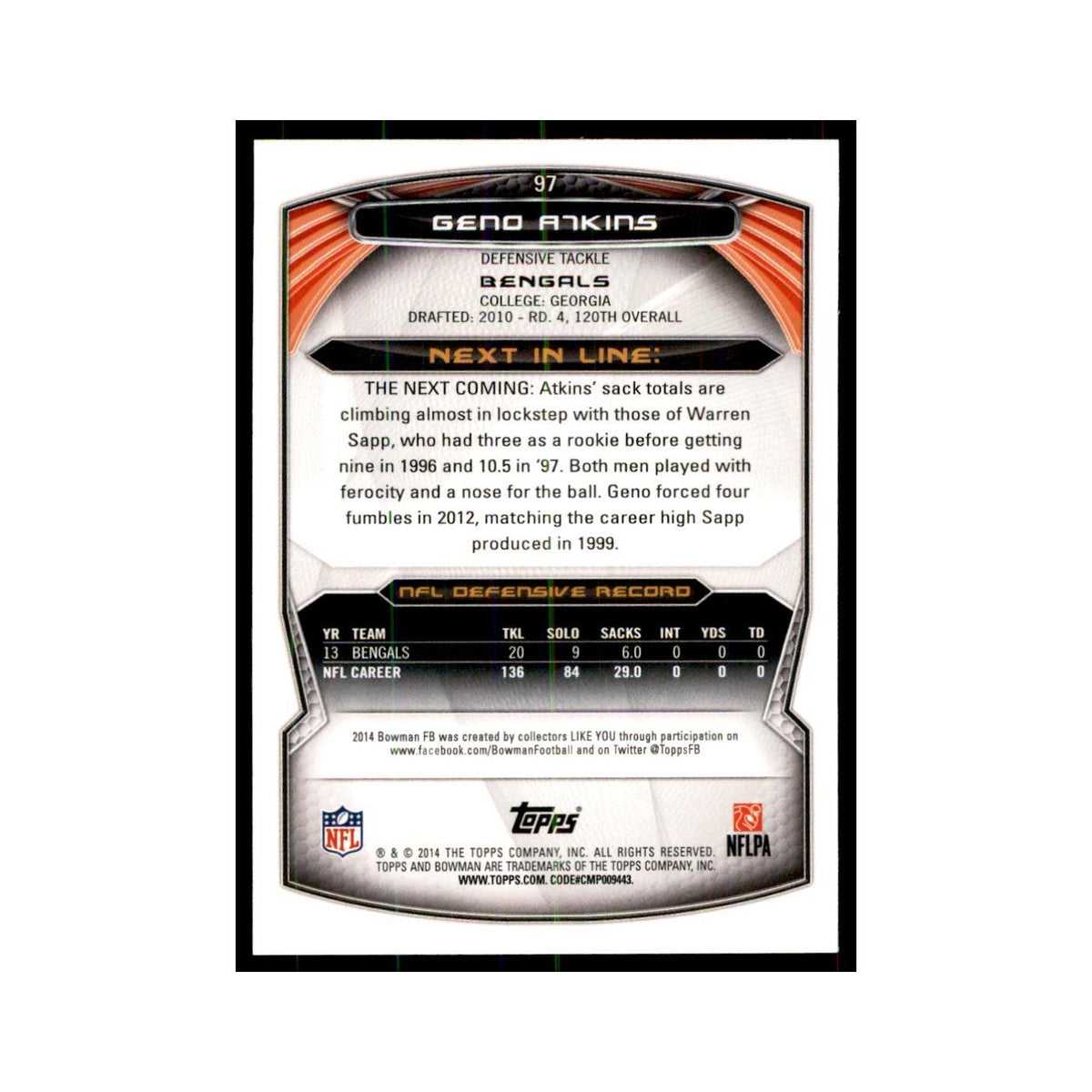 2014 Bowman Geno Atkins Football Cards #97