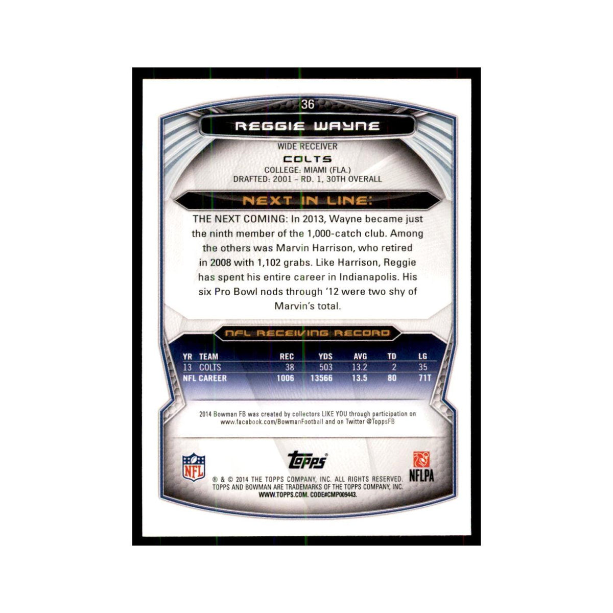 2014 Bowman Reggie Wayne Football Cards #36