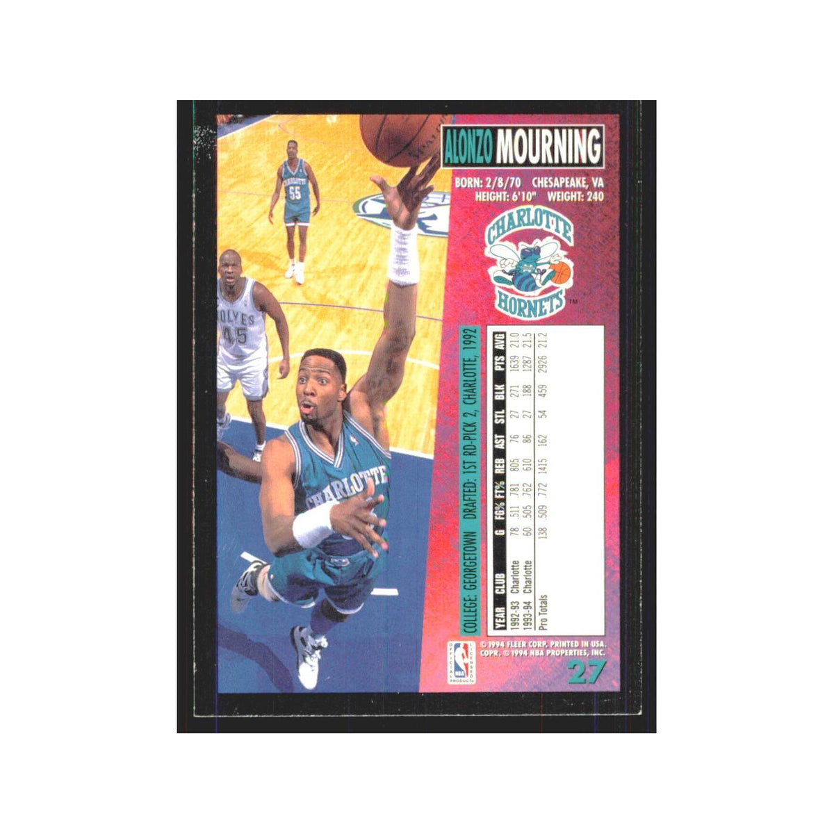 1994 Fleer Alonzo Mourning Hornets #27