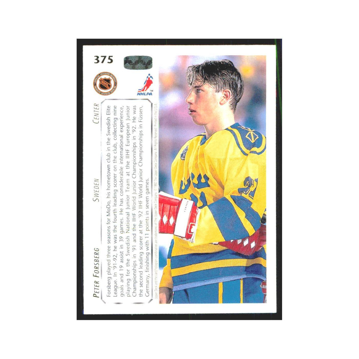 Peter Forsberg 1992 Upper Deck #375 Sweden Hockey Card NM