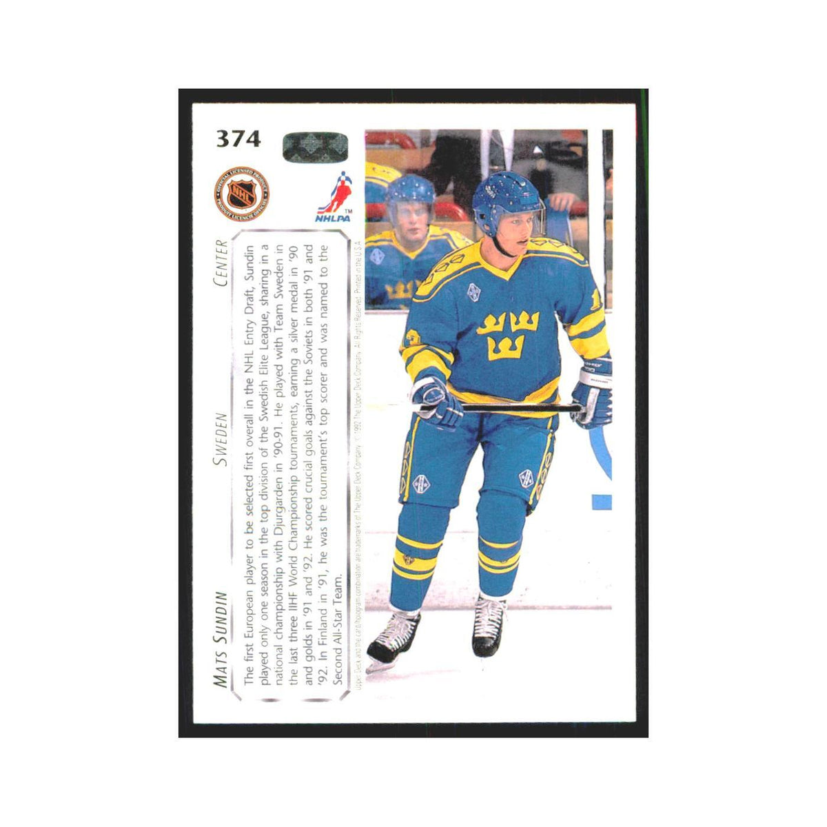Mats Sundin 1992 Upper Deck #374 Sweden Hockey Card NM