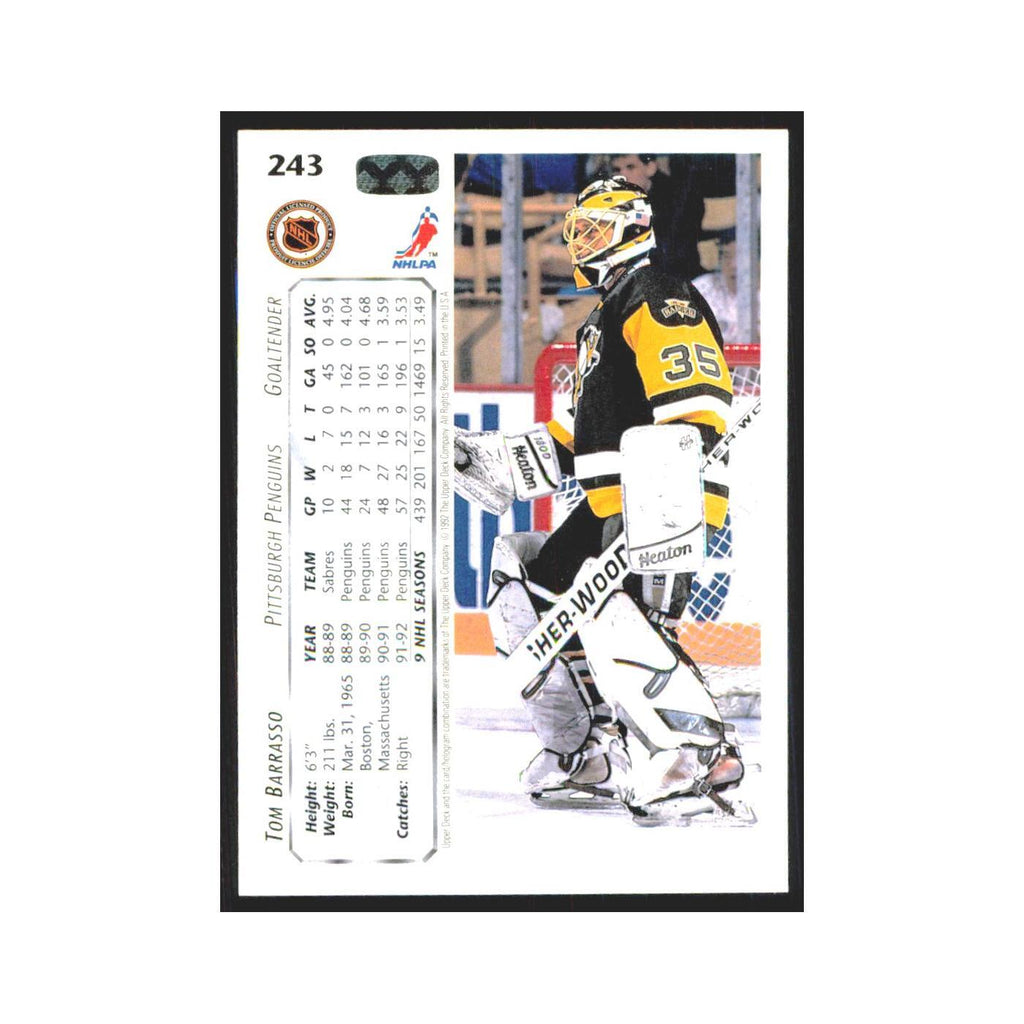 Tom Barrasso 1992 Upper Deck #243 Pittsburgh Penguins Hockey Card NM