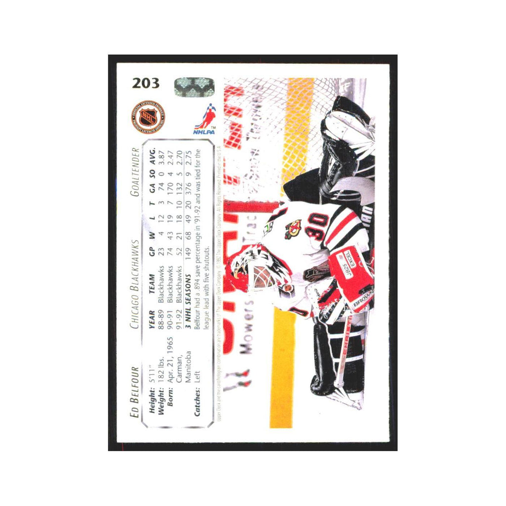 Ed Belfour 1992 Upper Deck #203 Chicago Blackhawks Hockey Card NM