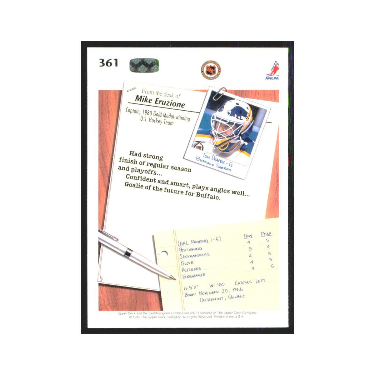Tom Draper Rookie 1992 Upper Deck #361 Buffalo Sabres Hockey Card NM