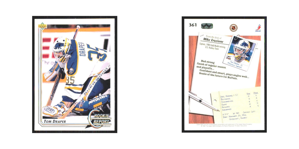 Tom Draper Rookie 1992 Upper Deck #361 Buffalo Sabres Hockey Card NM