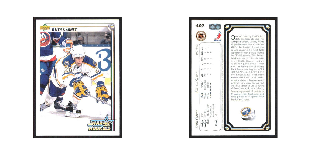 Keith Carney Rookie 1992 Upper Deck #402 Buffalo Sabres Hockey Card NM