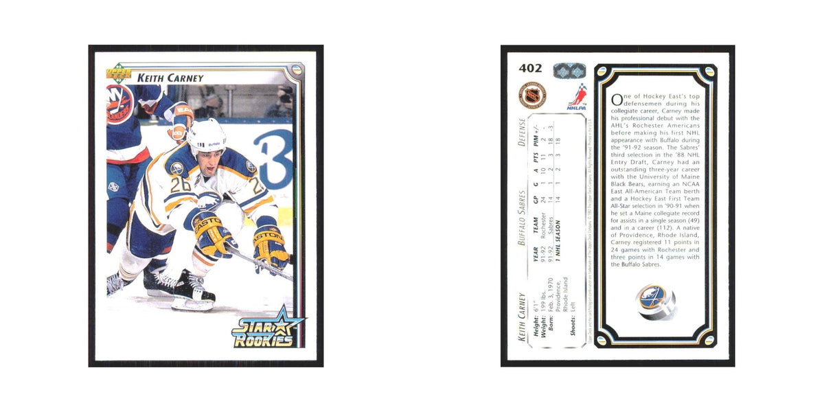 Keith Carney Rookie 1992 Upper Deck #402 Buffalo Sabres Hockey Card NM
