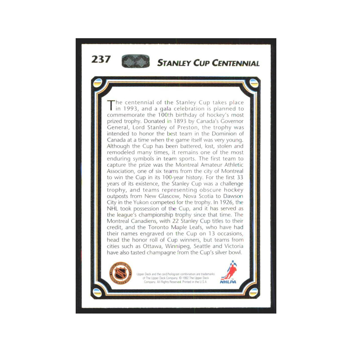Stanley Cup Centennial 1992 Upper Deck #237 NM