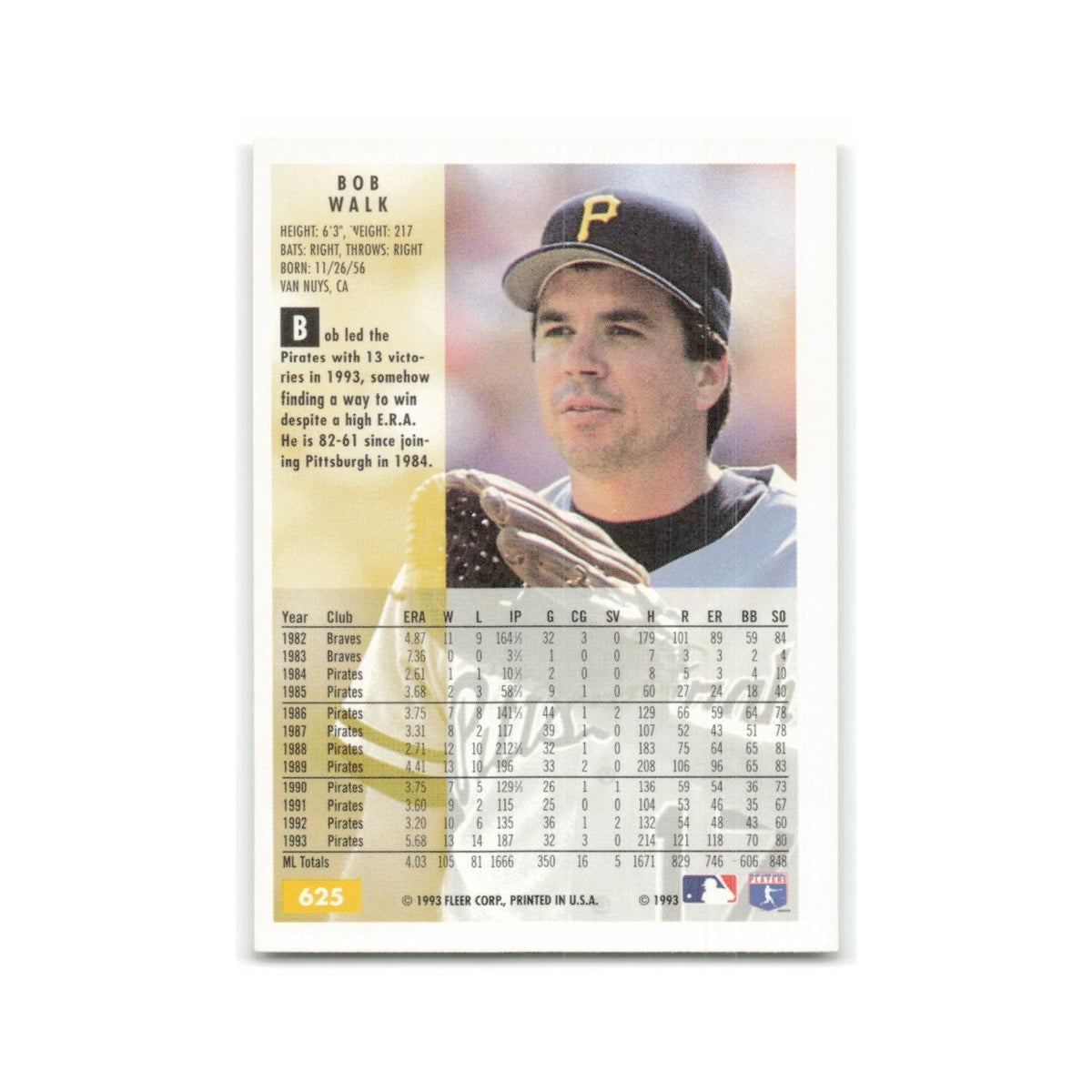 Bob Walk 1994 Fleer #625 Pittsburgh Pirates Baseball Card NM