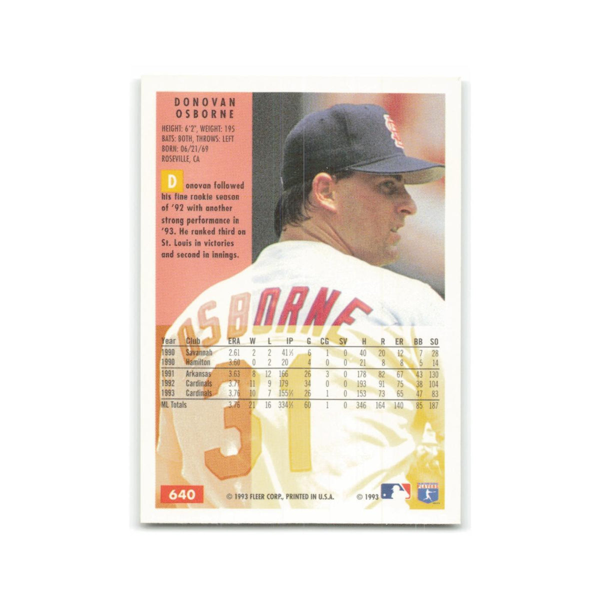 Donovan Osborne 1994 Fleer #640 St. Louis Cardinals Baseball Card NM