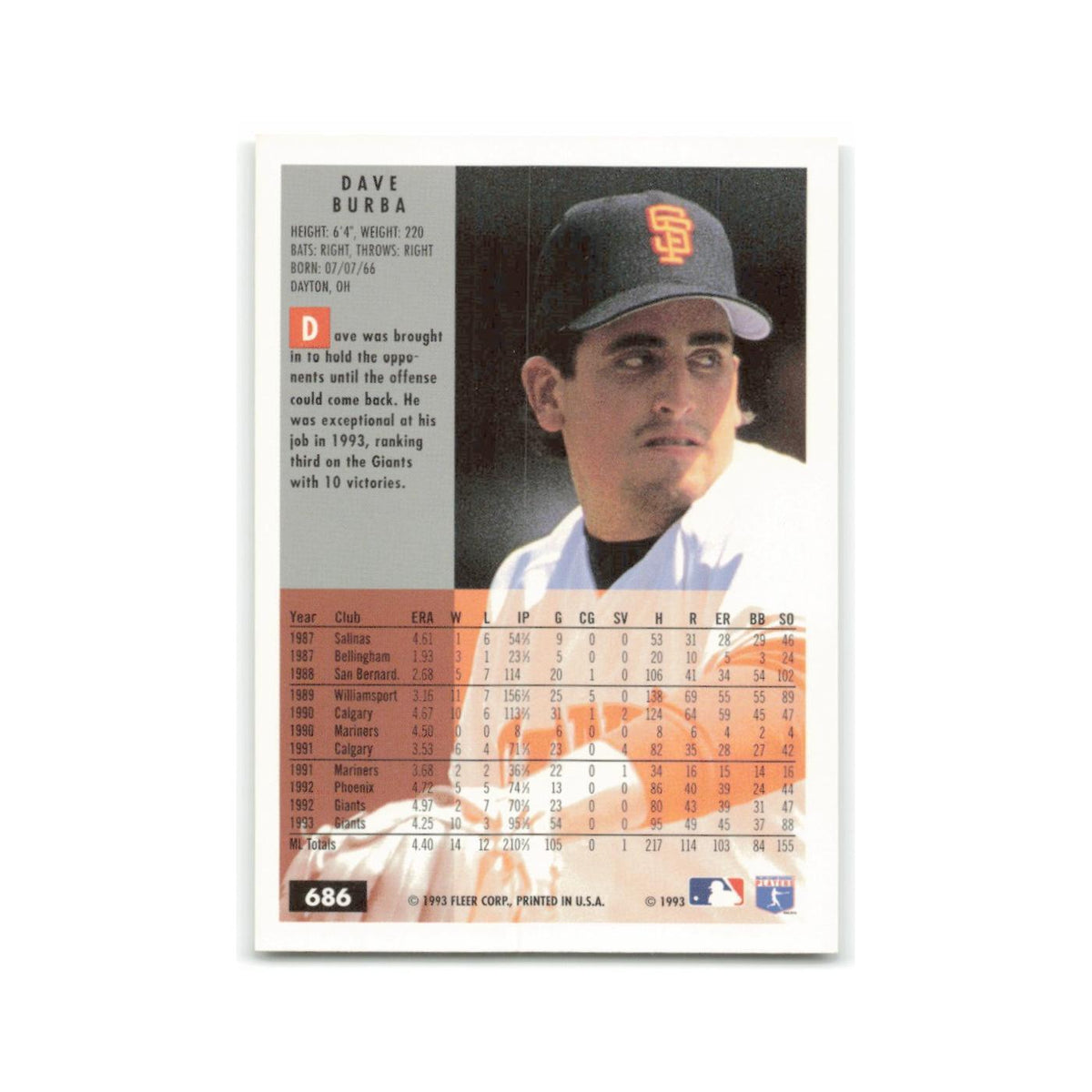 Dave Burba 1994 Fleer #686 San Francisco Giants Baseball Card NM
