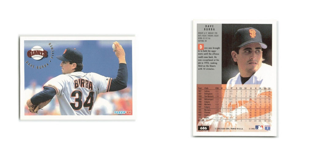 Dave Burba 1994 Fleer #686 San Francisco Giants Baseball Card NM