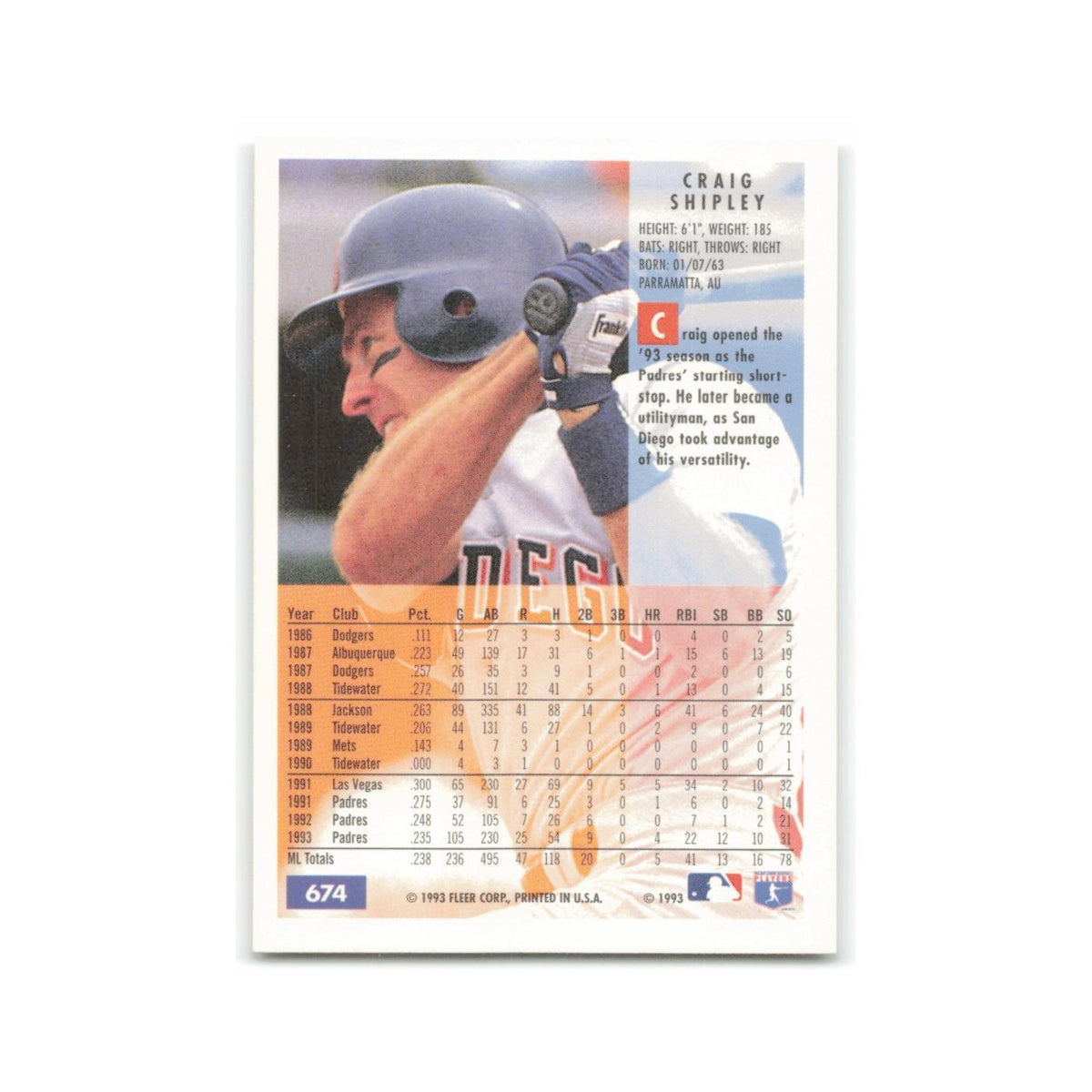 Craig Shipley 1994 Fleer #674 San Diego Padres Baseball Card NM