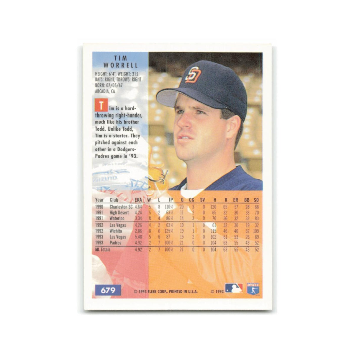 Tim Worrell 1994 Fleer #679 San Diego Padres Baseball Card NM