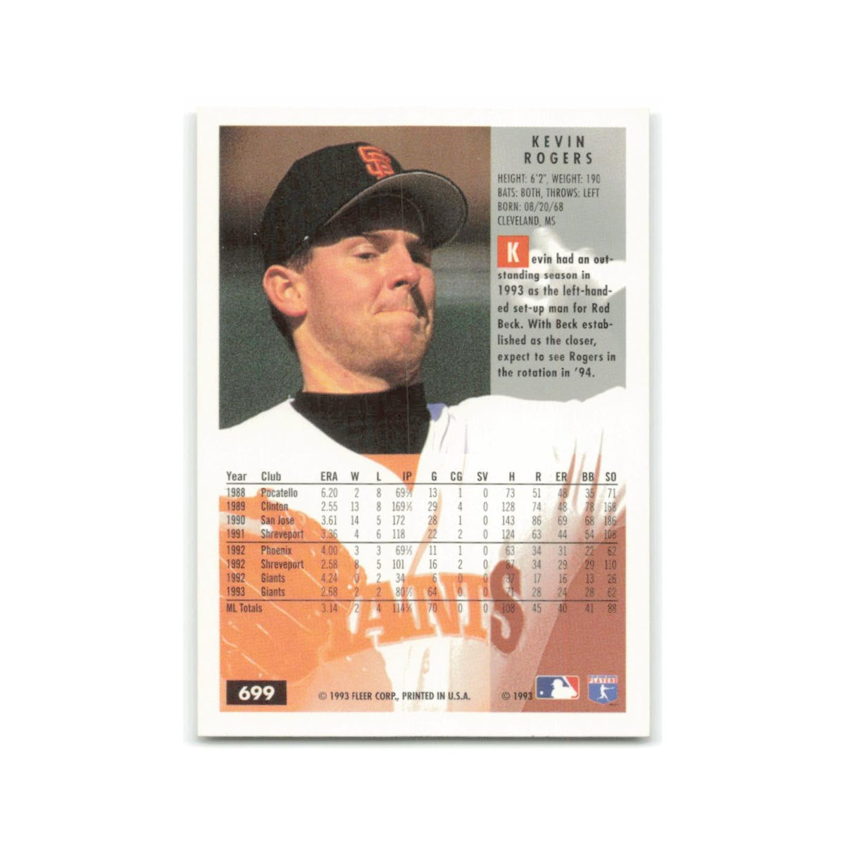 Kevin Rogers 1994 Fleer #699 San Francisco Giants Baseball Card NM