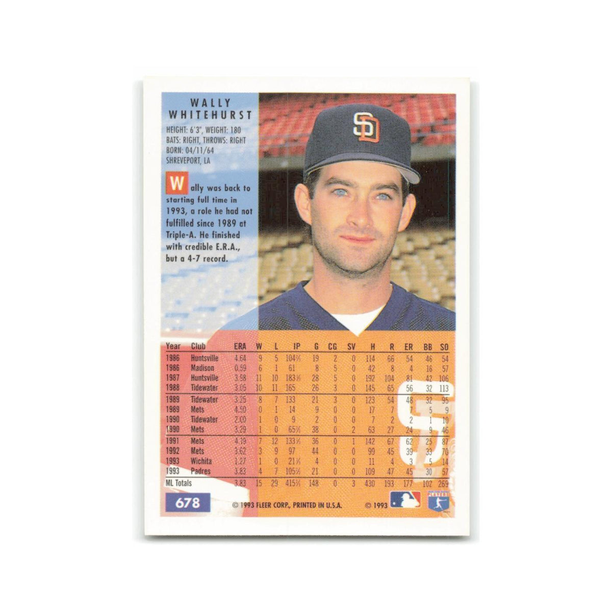 Wally Whitehurst 1994 Fleer #678 San Diego Padres Baseball Card NM