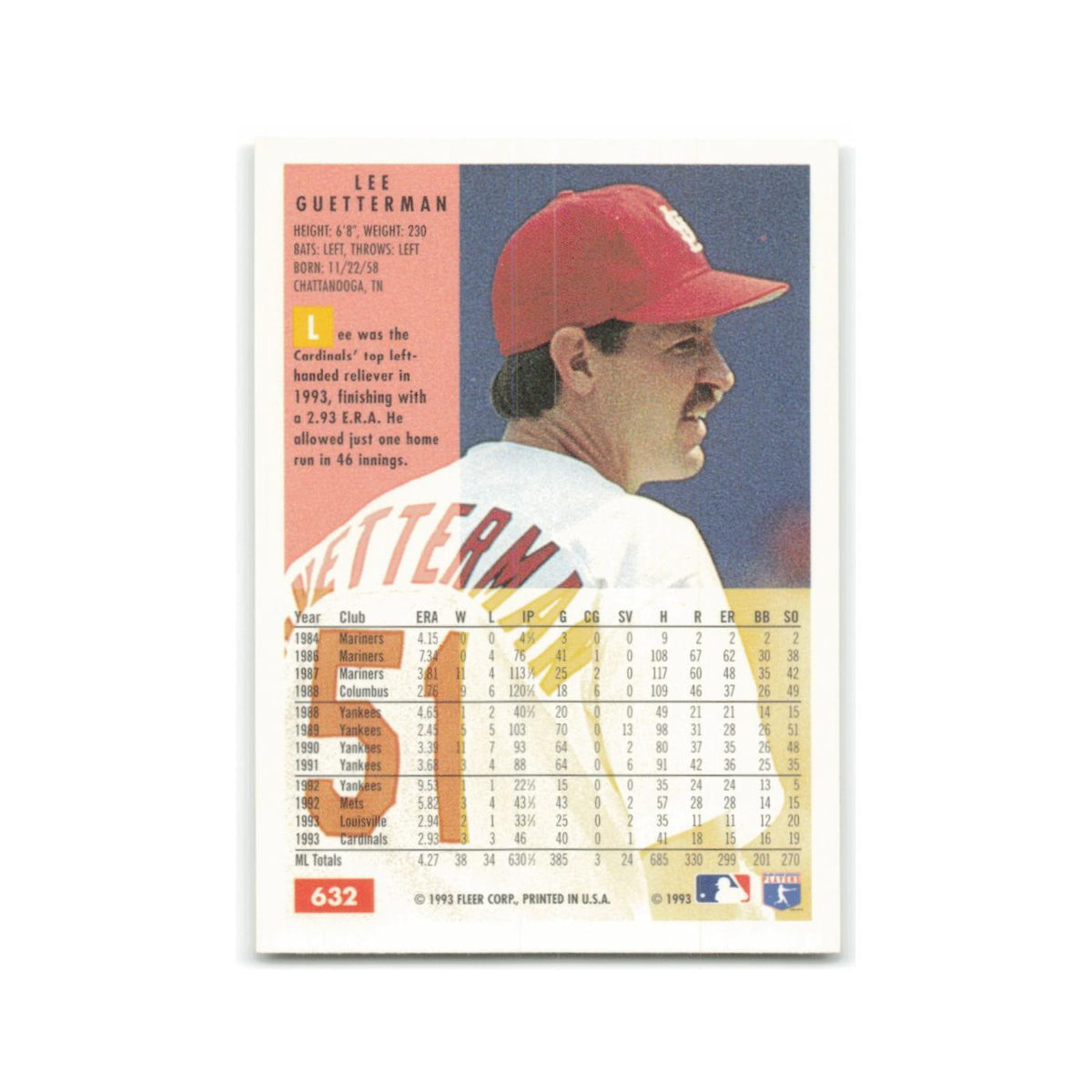 Lee Guetterman 1994 Fleer #632 St. Louis Cardinals Baseball Card NM