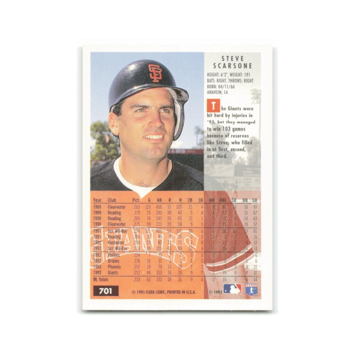 Steve Scarsone 1994 Fleer #701 San Francisco Giants Baseball Card NM