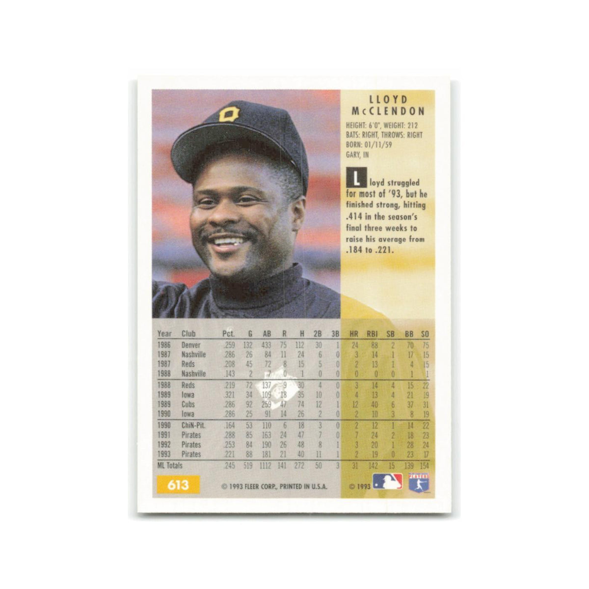 Lloyd McClendon 1994 Fleer #613 Pittsburgh Pirates Baseball Card NM