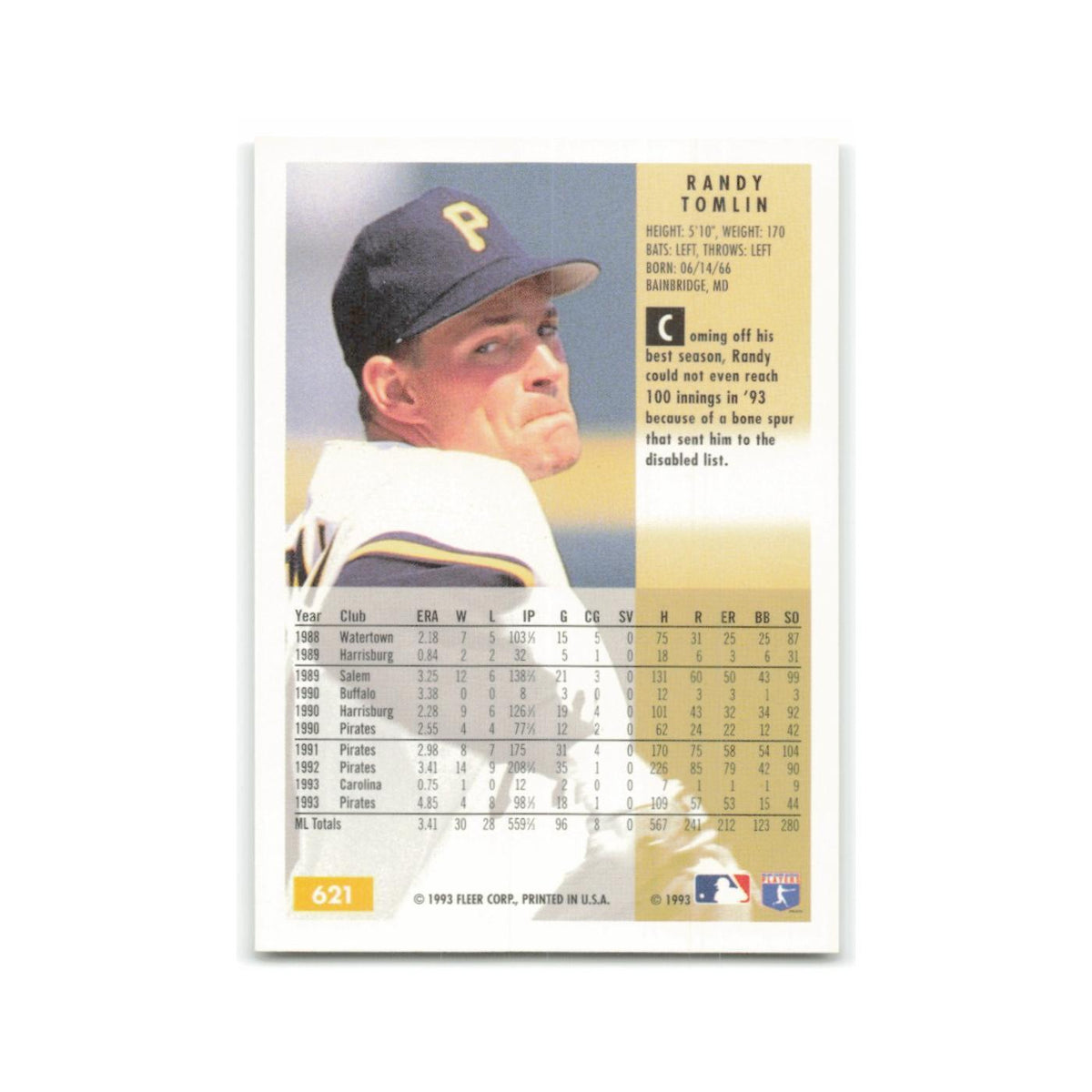 Randy Tomlin 1994 Fleer #621 Pittsburgh Pirates Baseball Card NM