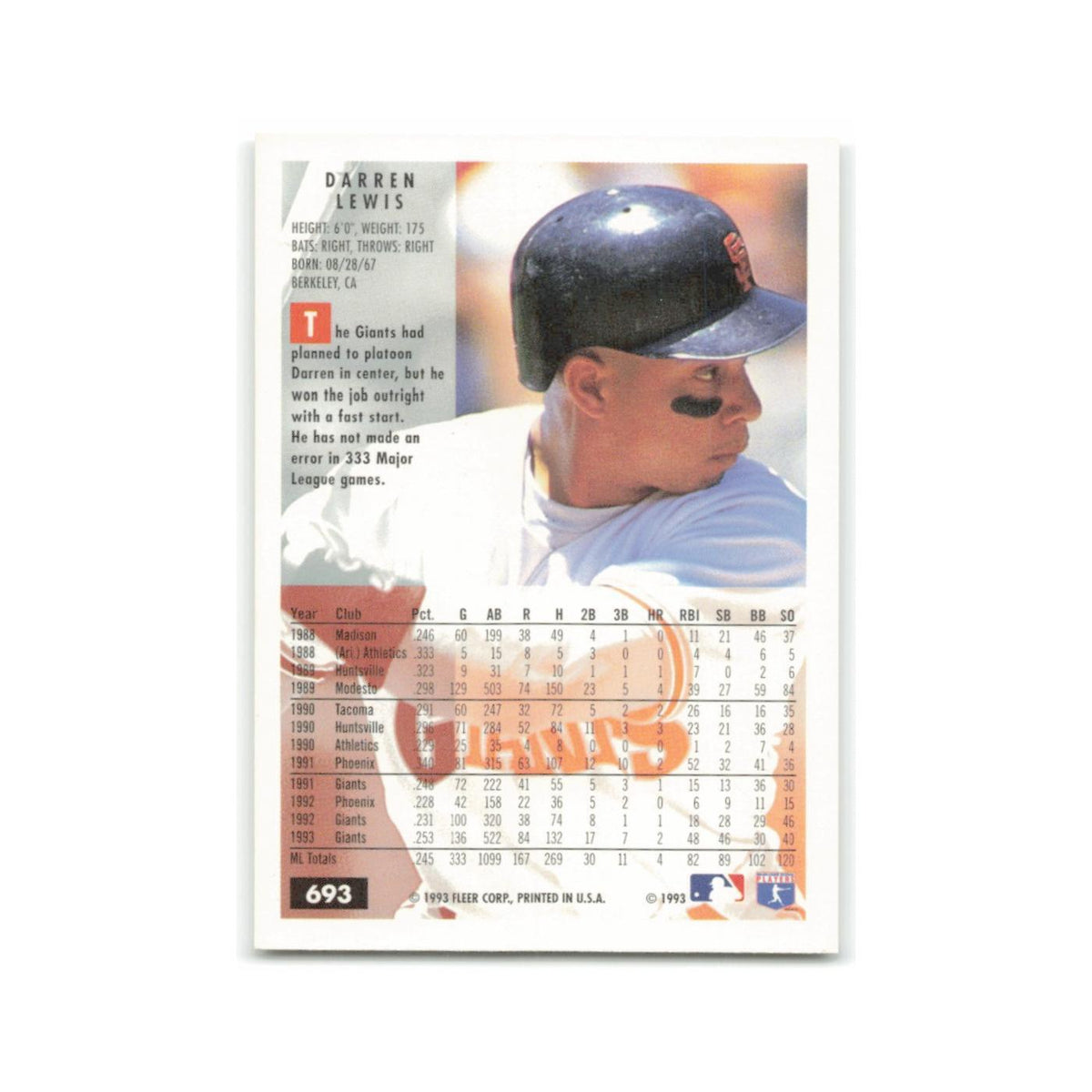 Darren Lewis 1994 Fleer #693 San Francisco Giants Baseball Card NM