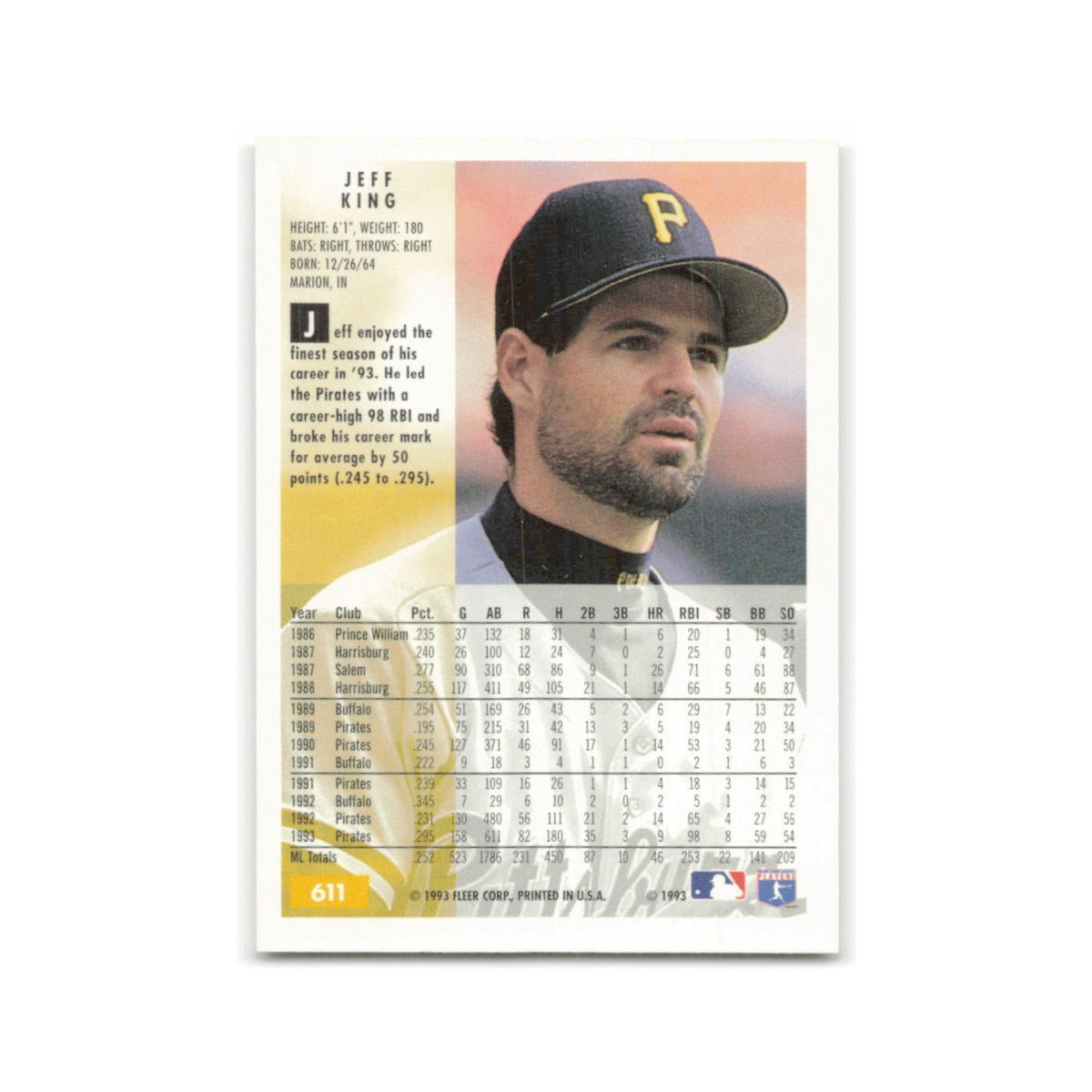 Jeff King 1994 Fleer #611 Pittsburgh Pirates Baseball Card NM