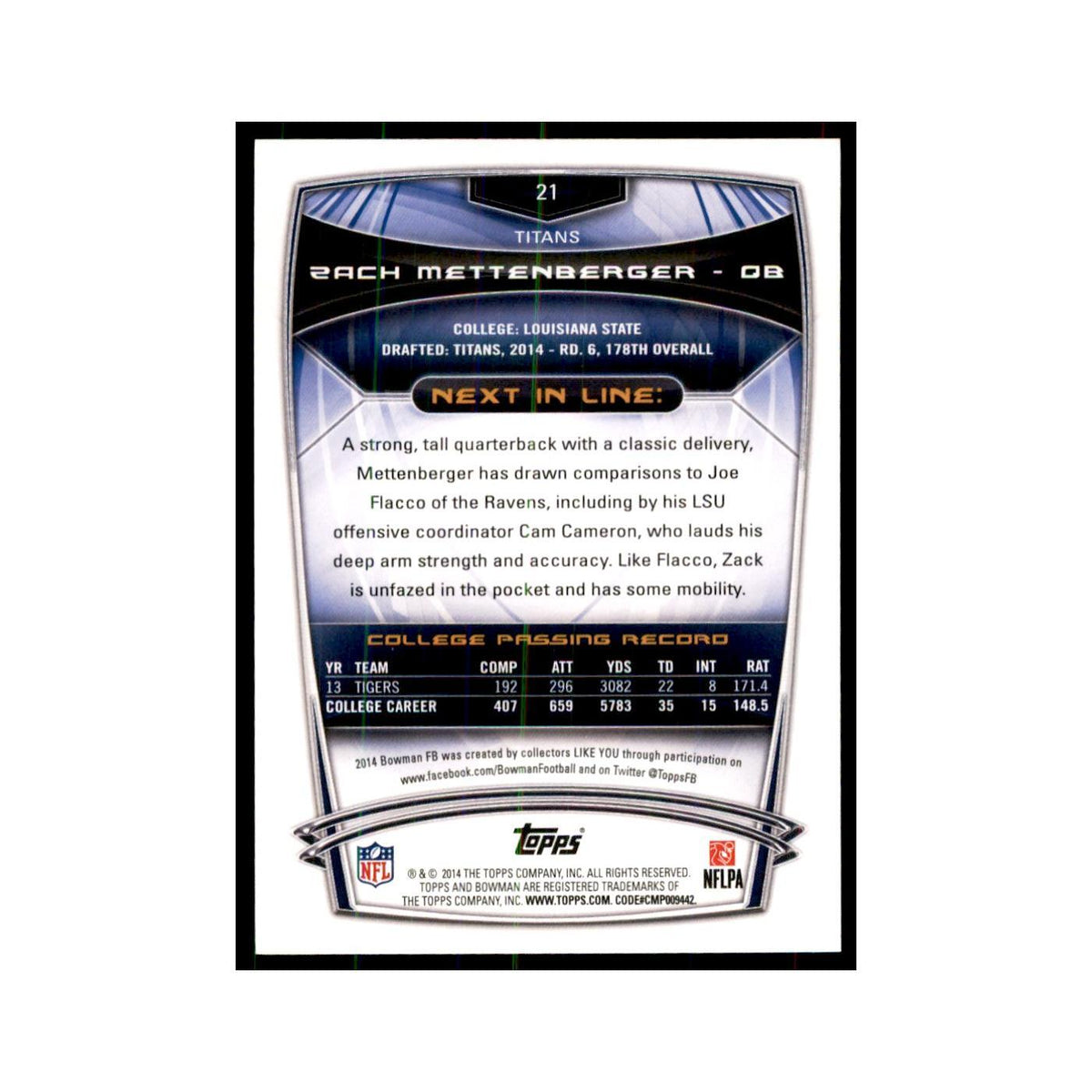 2014 Bowman Zach Mettenberger RC Football Cards #21