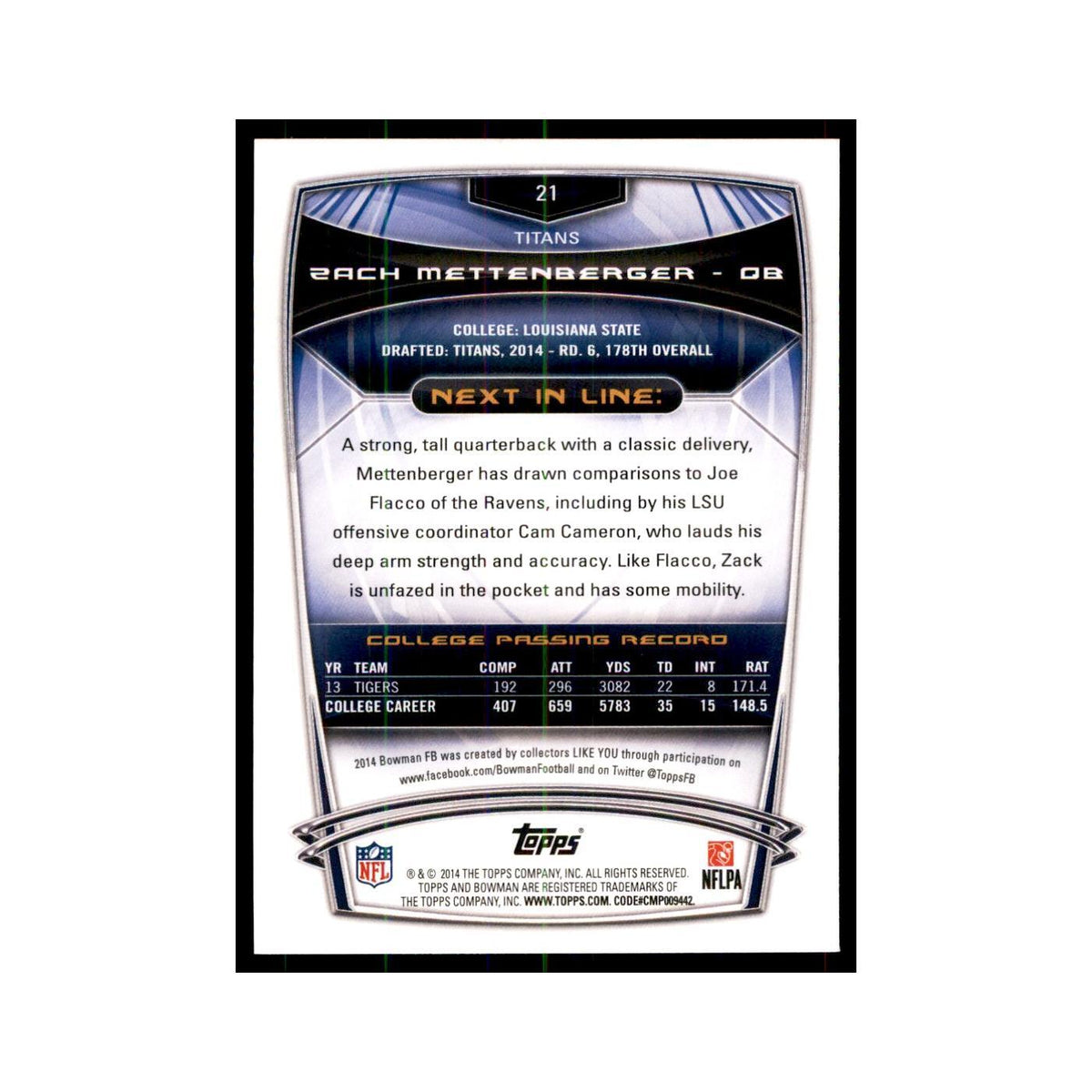2014 Bowman Zach Mettenberger RC Football Cards #21