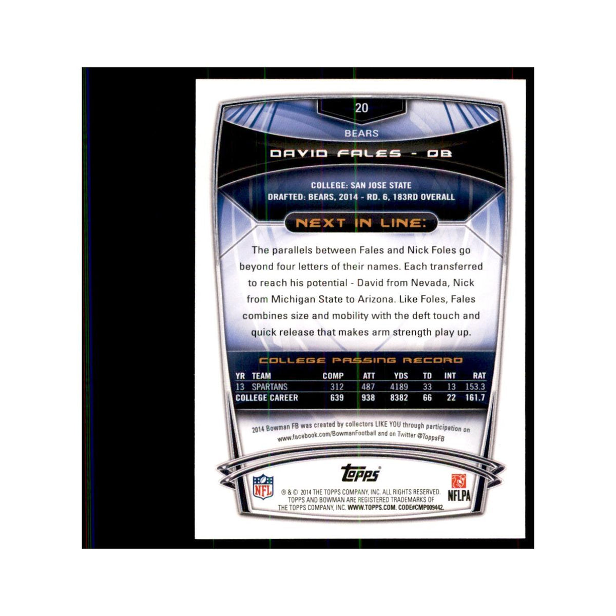 2014 Bowman David Fales RC Football Cards #20