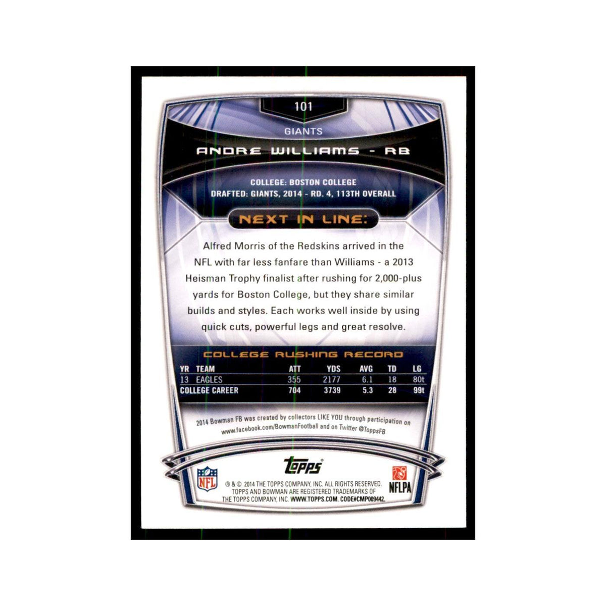 2014 Bowman Andre Williams RC Football Cards #101