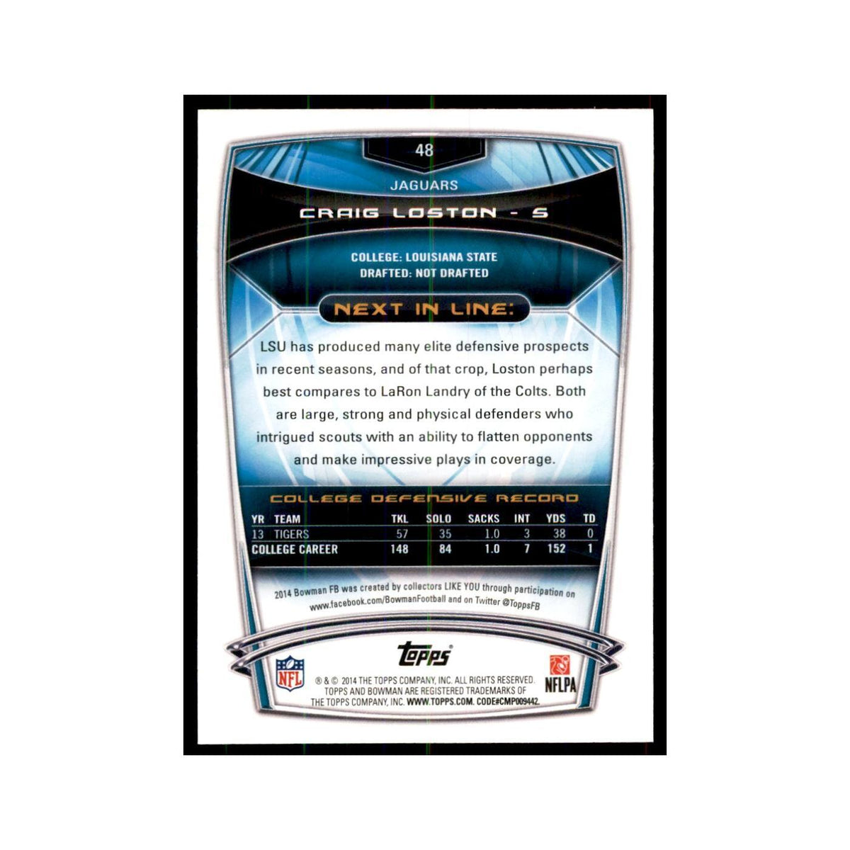 2014 Bowman Craig Loston RC Football Cards #48