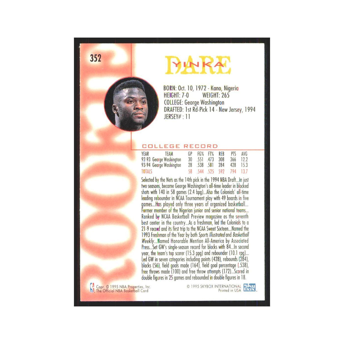 1994 NBA Hoops Yinka Dare RC Nets #352