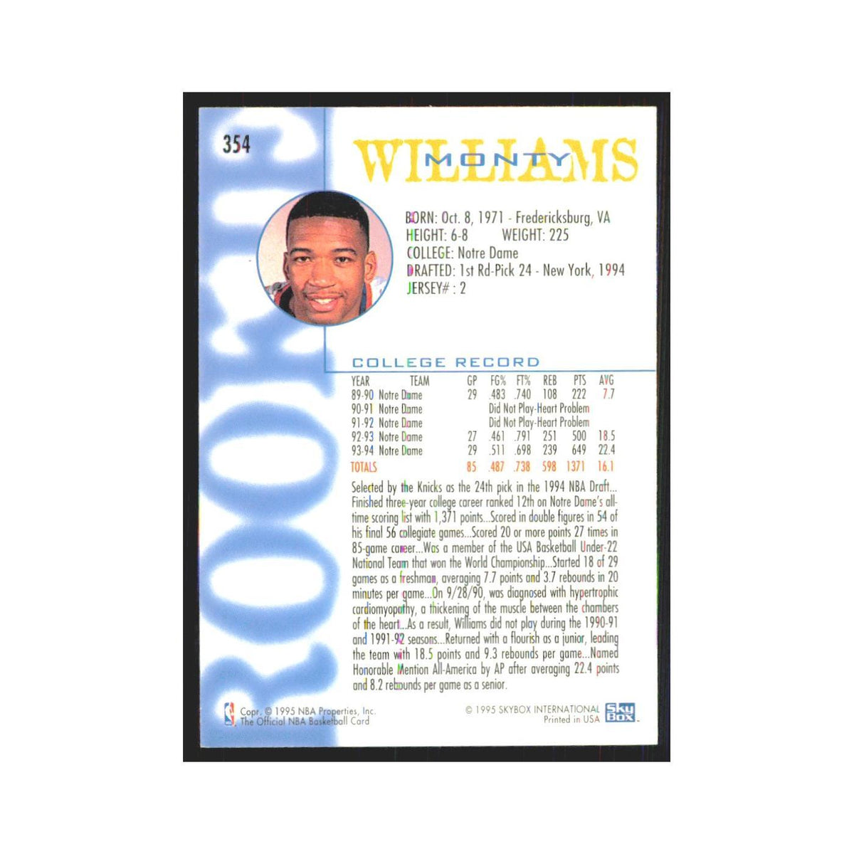 1994 NBA Hoops Monty Williams RC Knicks #354