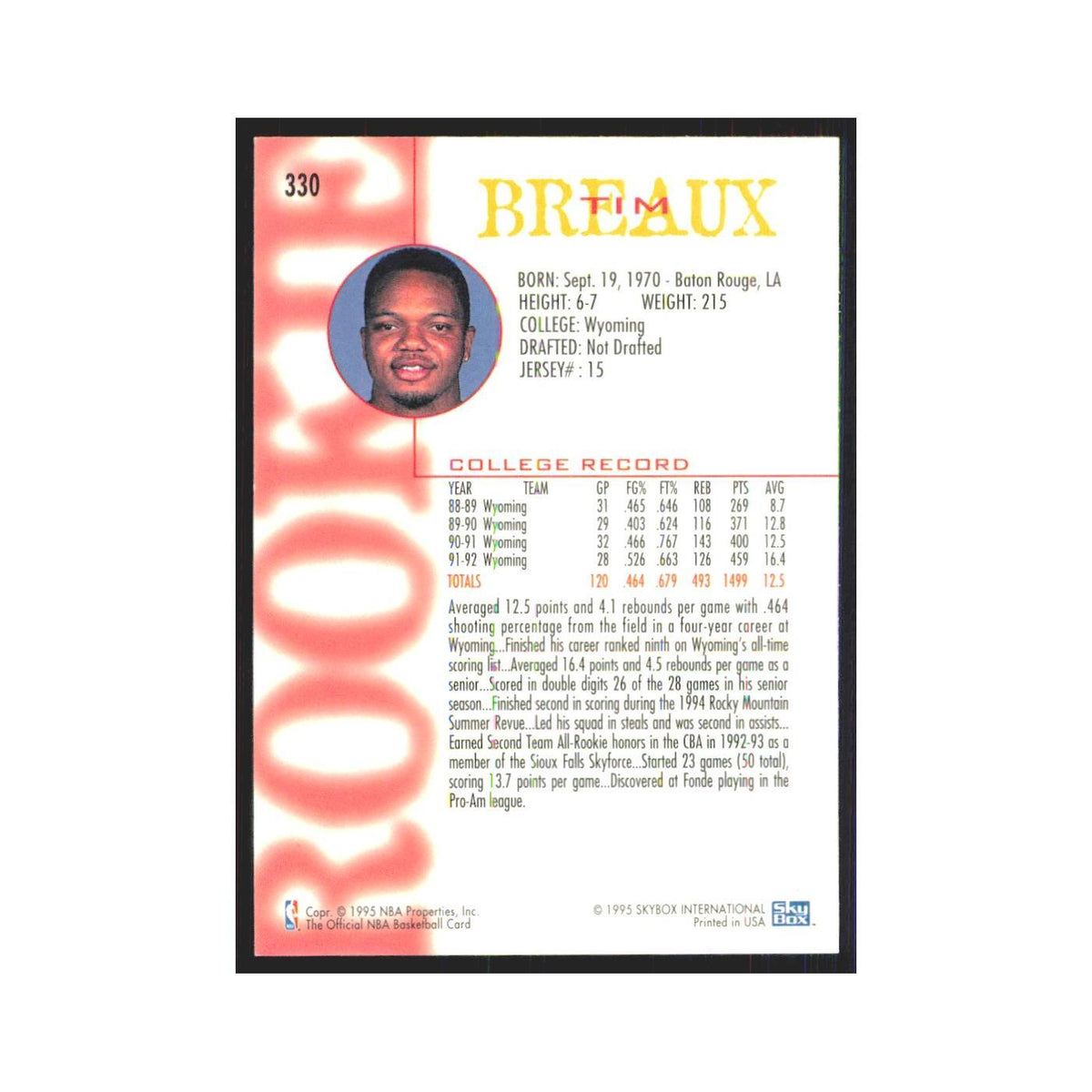 1994 NBA Hoops Tim Breaux RC Rockets #330