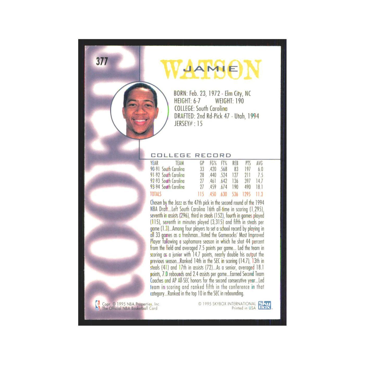 1994 NBA Hoops Jamie Watson RC Jazz #377