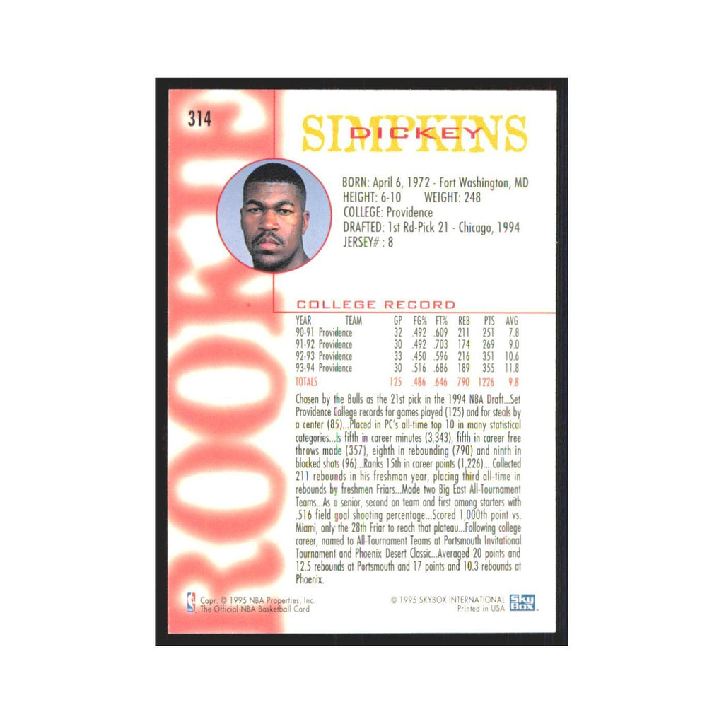 1994 NBA Hoops Dickey Simpkins RC Bulls #314