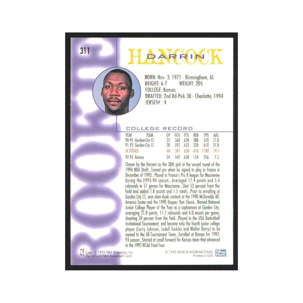 1994 NBA Hoops Darrin Hancock RC Hornets #311