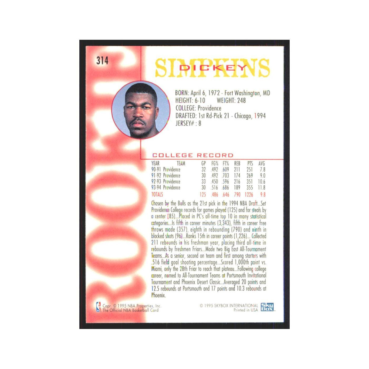 1994 NBA Hoops Dickey Simpkins RC Bulls #314