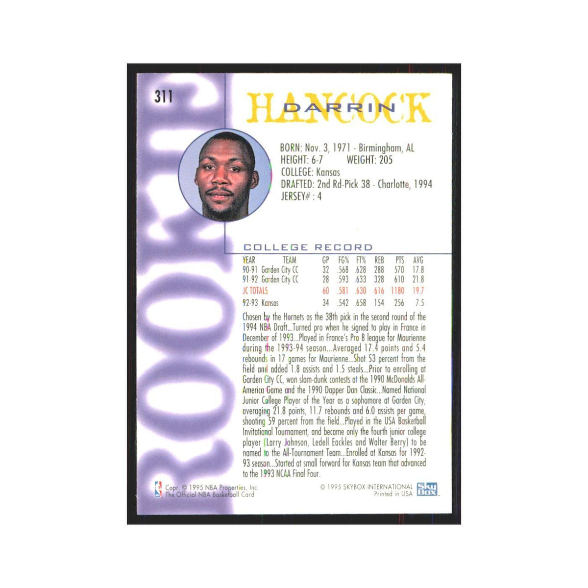 1994 NBA Hoops Darrin Hancock RC Hornets #311
