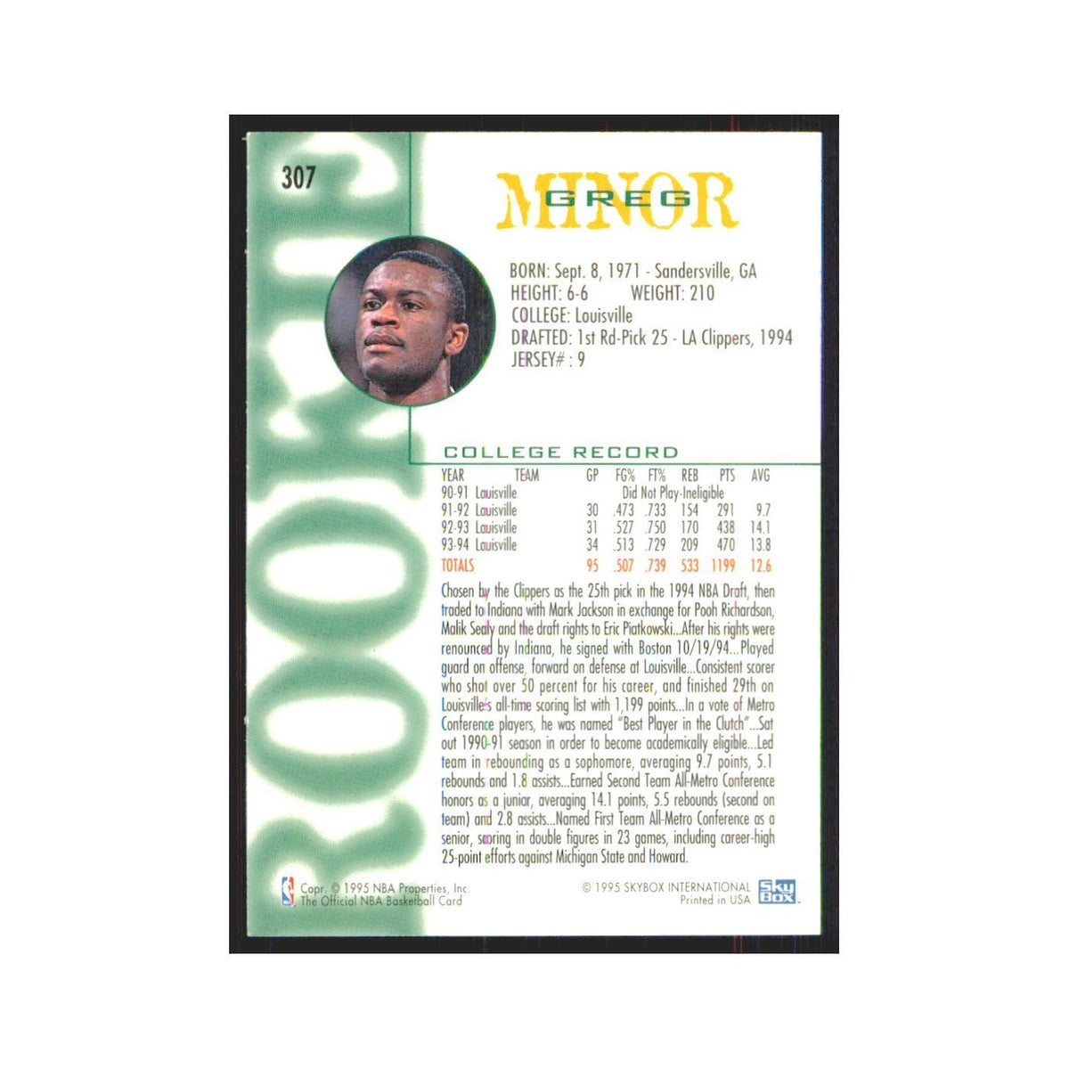 1994 NBA Hoops Greg Minor RC Celtics #307