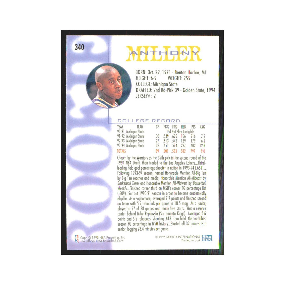 1994 NBA Hoops Anthony Miller RC Lakers #340