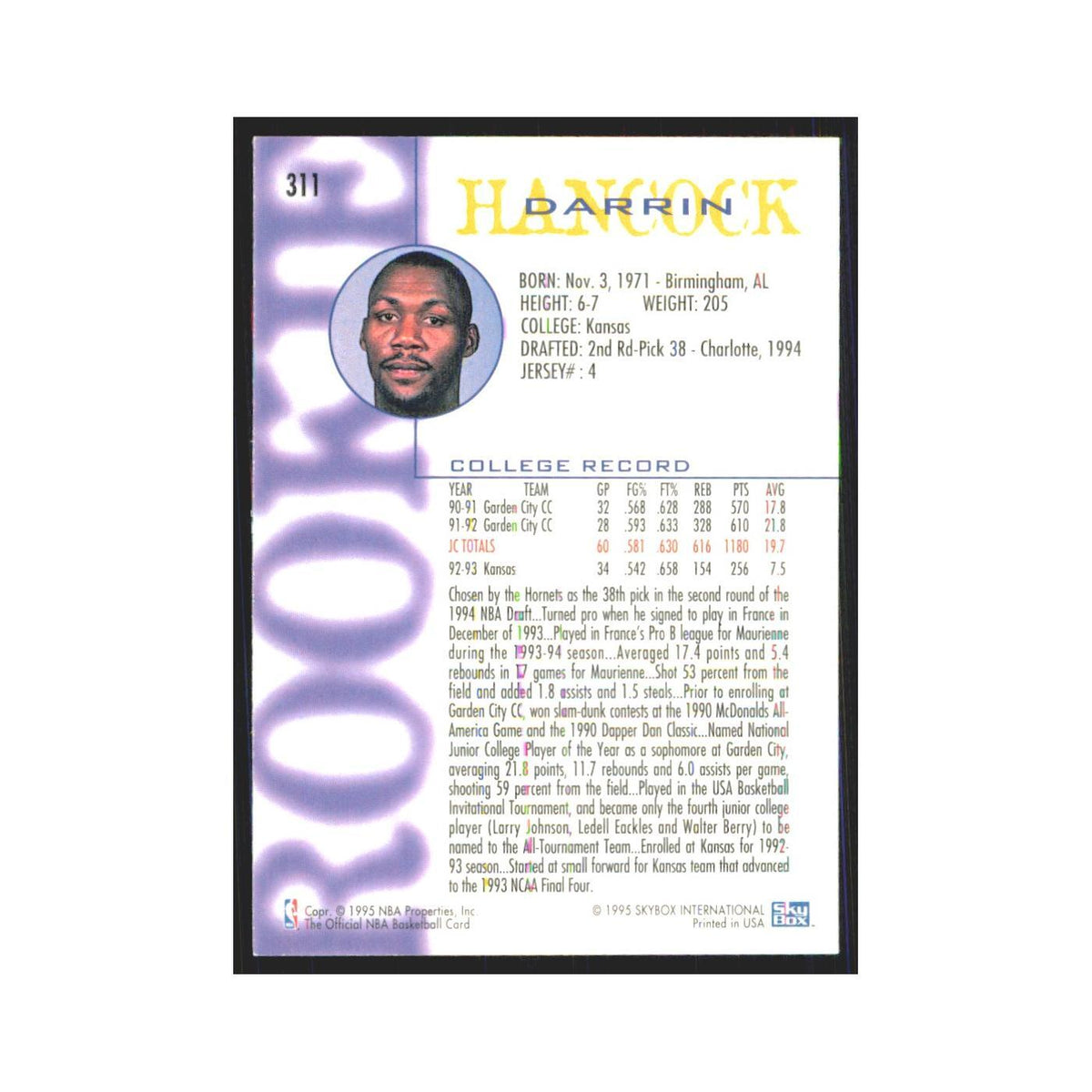 1994 NBA Hoops Darrin Hancock RC Hornets #311