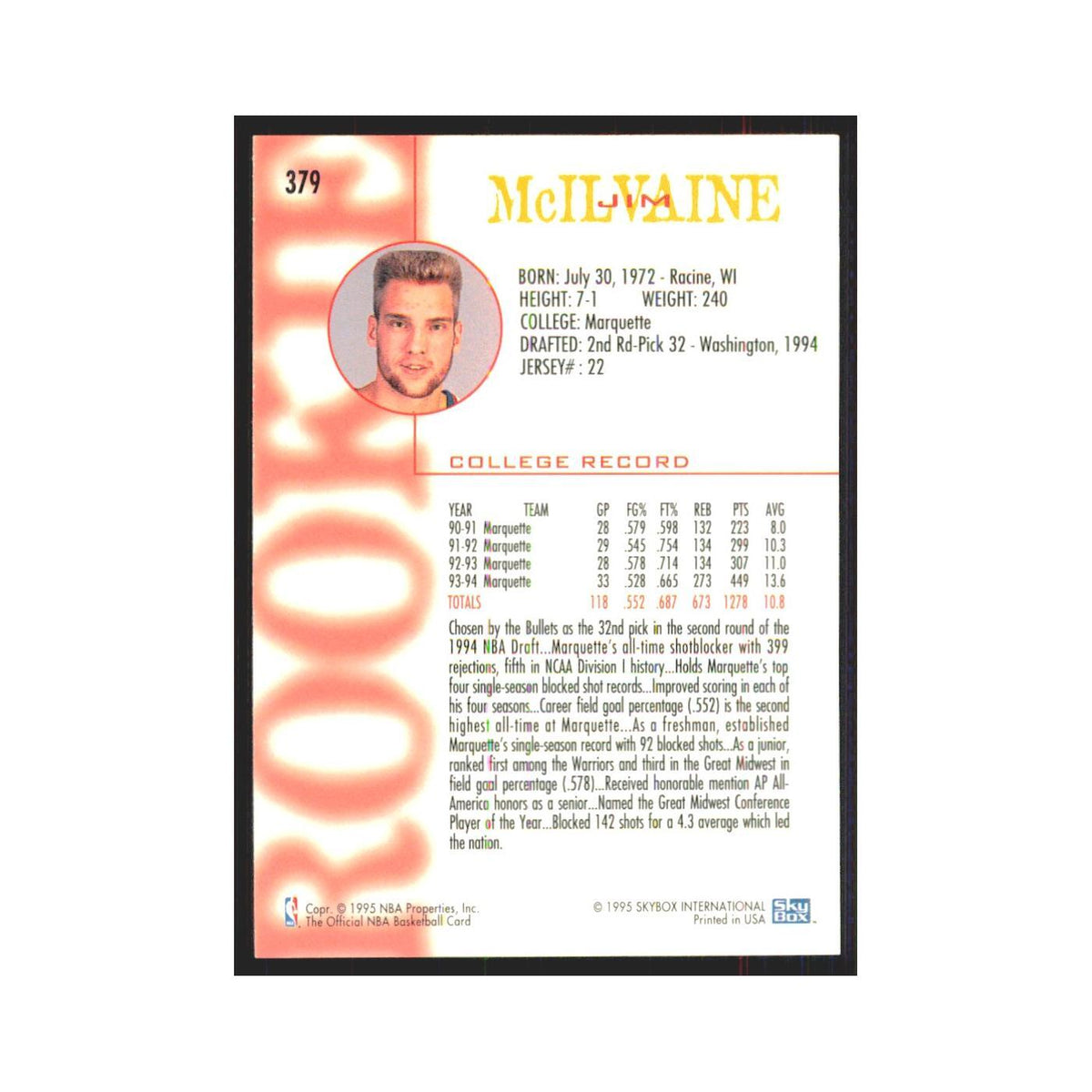 1994 NBA Hoops Jim McIlvaine RC Washington Bullets #379