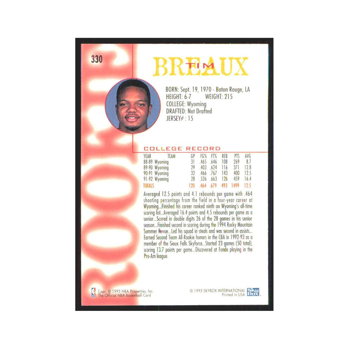 1994 NBA Hoops Tim Breaux RC Rockets #330